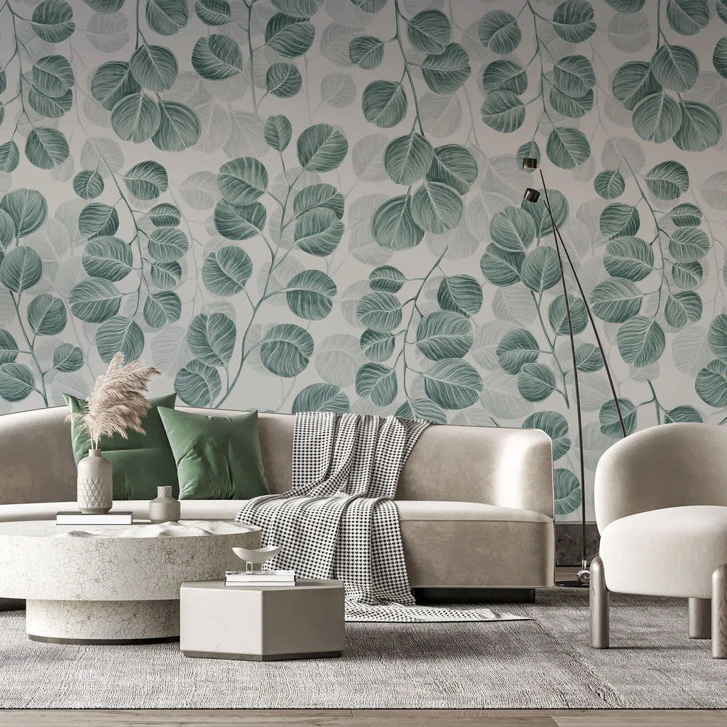 Tapet personalizat leaf cu frunze de eucalipt pe un fundal deschis eucalyptus