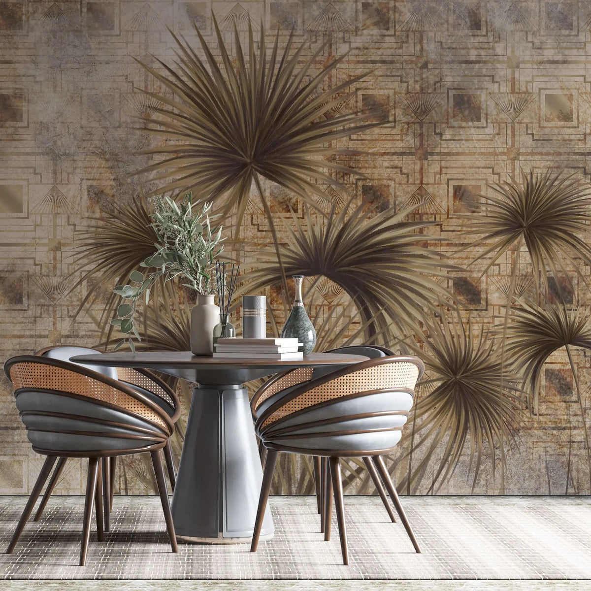 Tapet personalizat leaf cu frunze de palmier pe un fundal in stil art deco luxurious palm