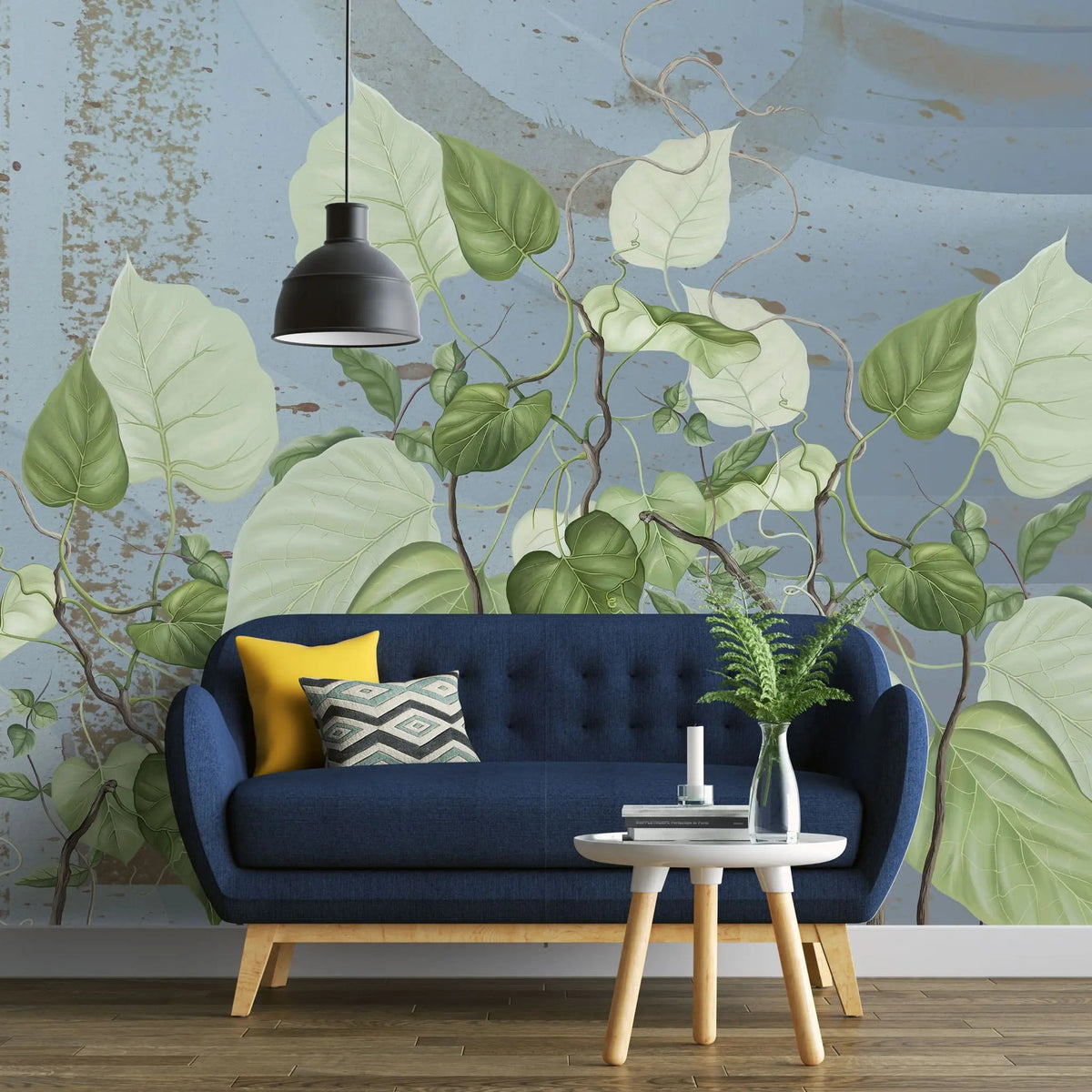 Tapet personalizat leaf cu frunze de philondendron rugosum pe fundal albastru blue wild philodendron