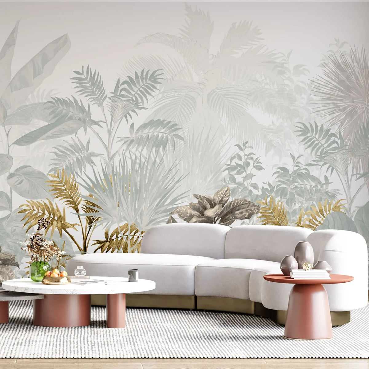 Tapet personalizat leaf cu frunze tropicale in nuante de verde salvie si auriu tropical sage&gold