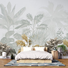Tapet personalizat leaf cu frunze tropicale in nuante de verde salvie si auriu tropical sage&gold