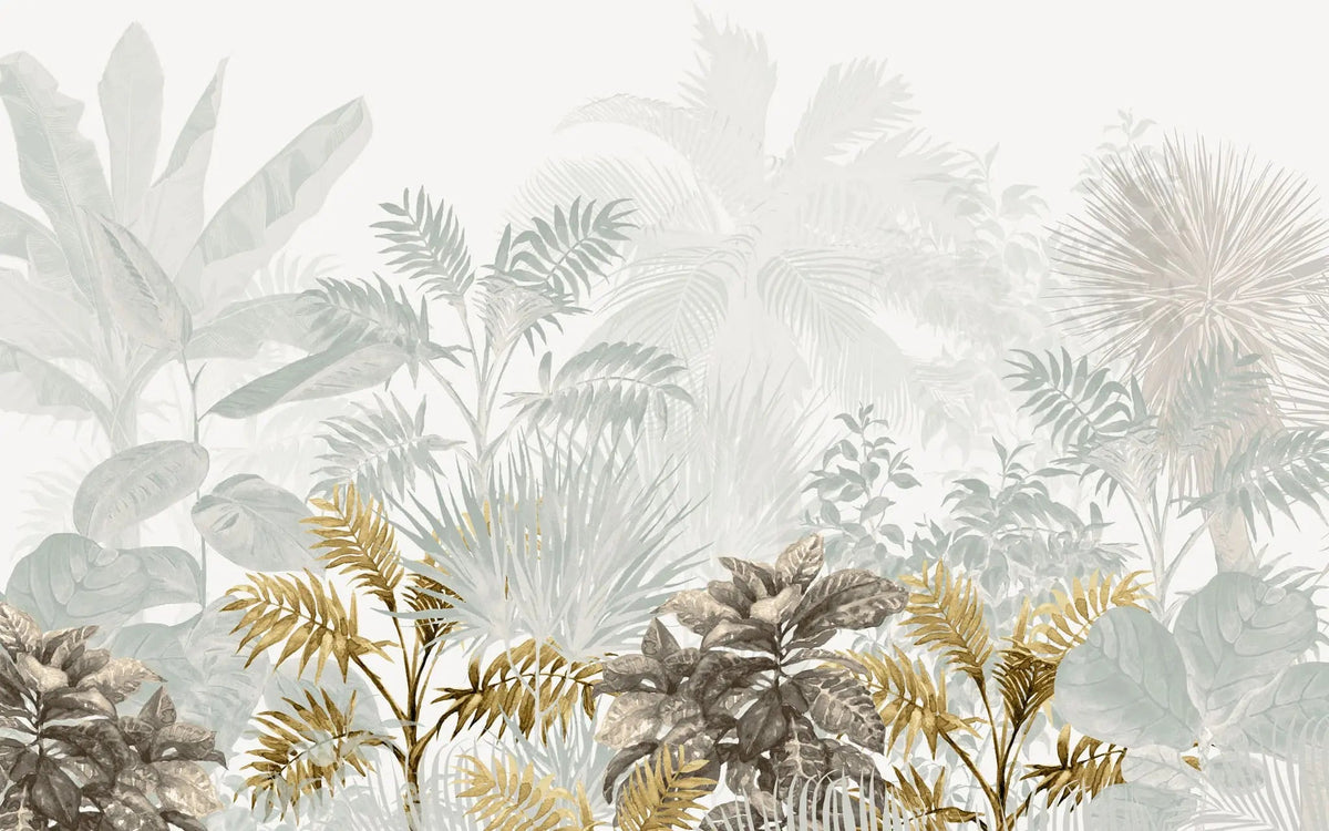 Tapet personalizat leaf cu frunze tropicale in nuante de verde salvie si auriu tropical sage&gold