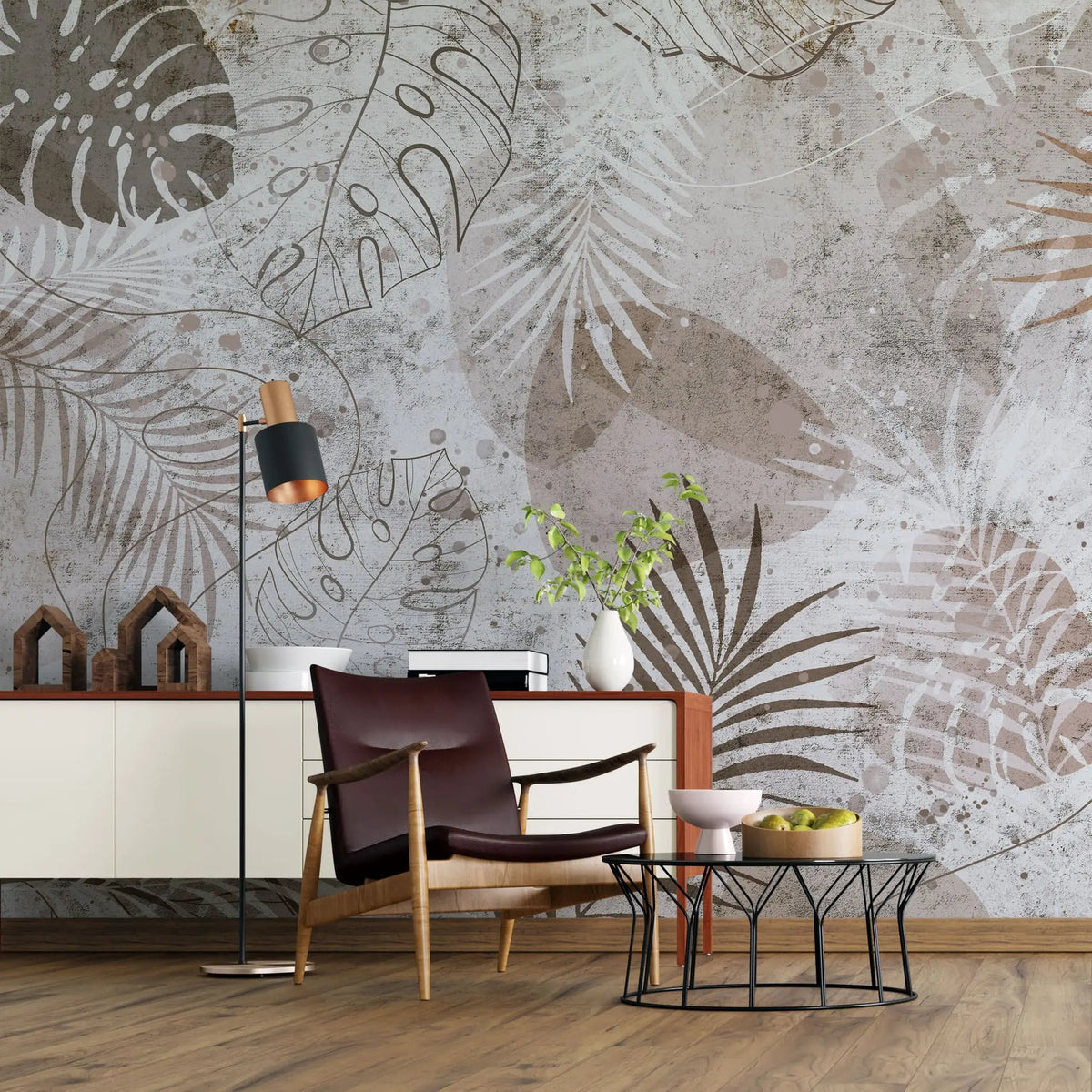 Tapet personalizat leaf cu frunze tropicale de monstera in stil grunge grunge monstera light