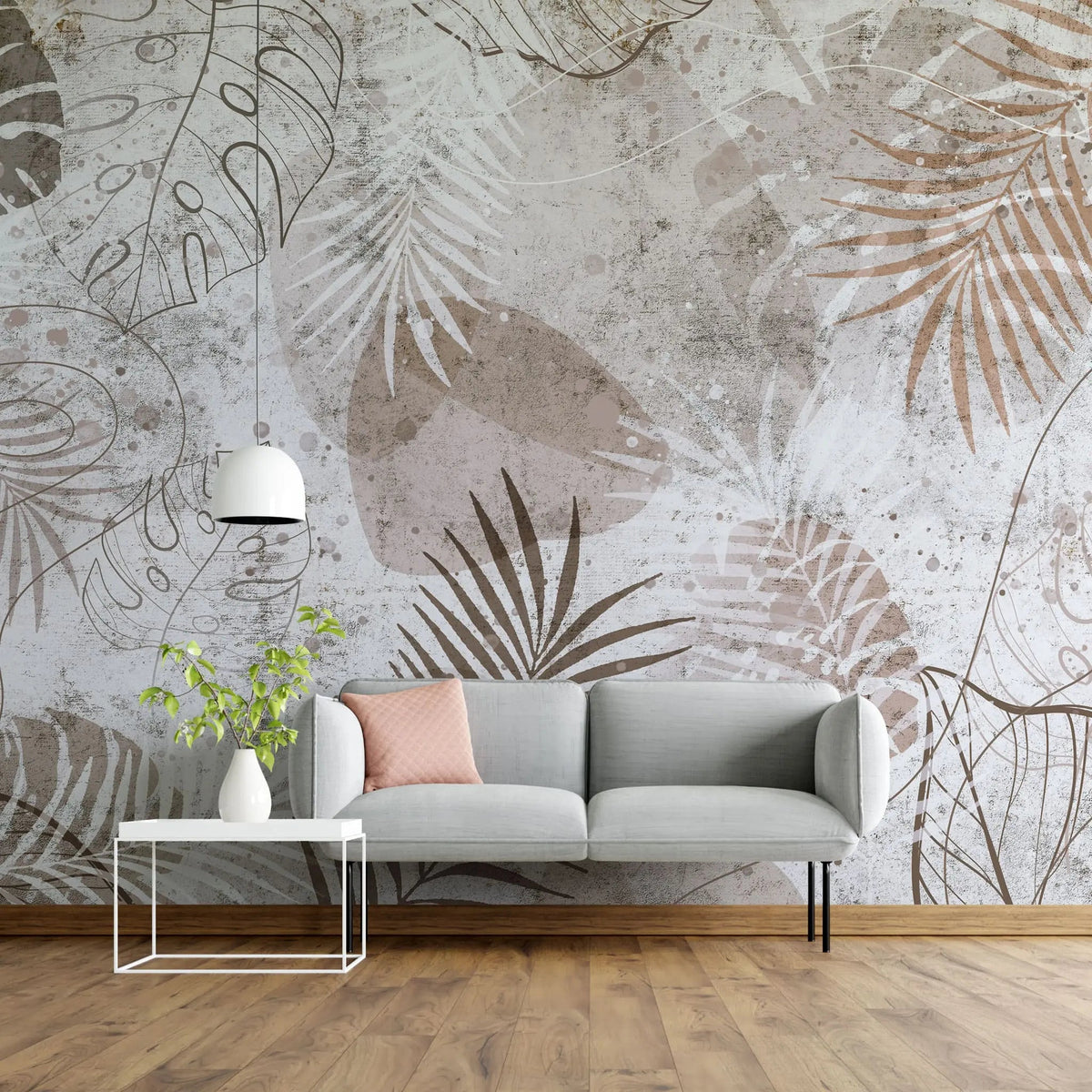 Tapet personalizat leaf cu frunze tropicale de monstera in stil grunge grunge monstera light