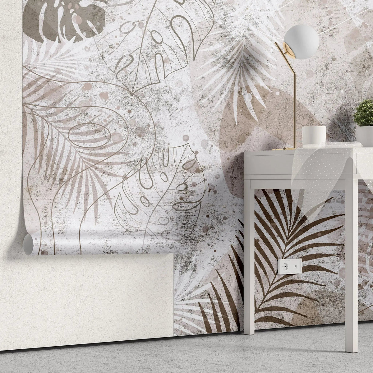 Tapet personalizat leaf cu frunze tropicale de monstera in stil grunge grunge monstera light