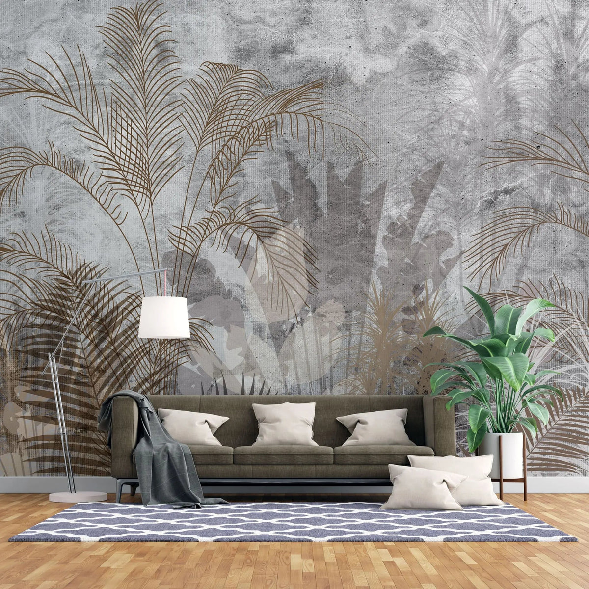 Tapet personalizat leaf cu frunze de palmieri in culori aramii brassy palms