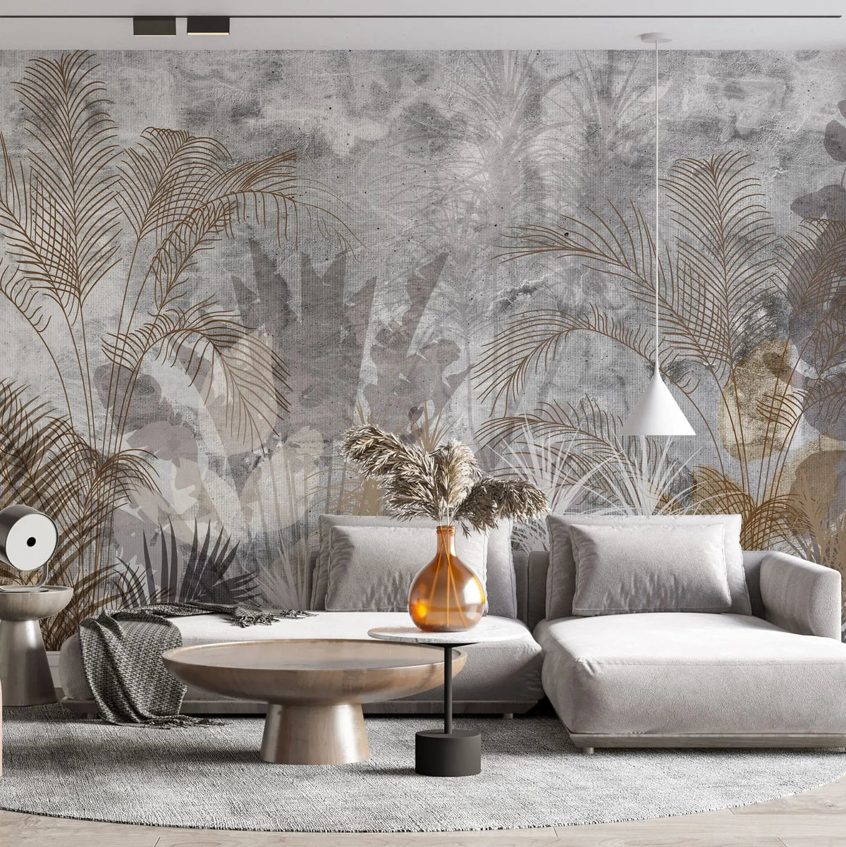 Tapet personalizat leaf cu frunze de palmieri in culori aramii brassy palms