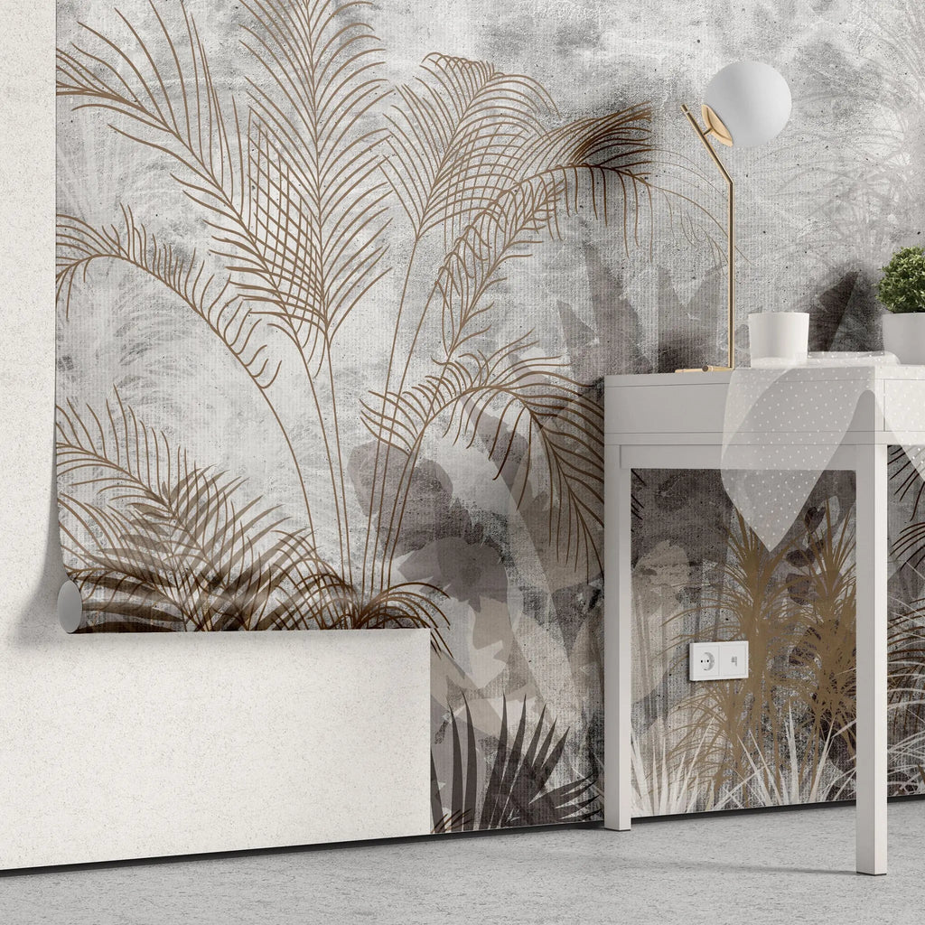 Tapet personalizat leaf cu frunze de palmieri in culori aramii brassy palms