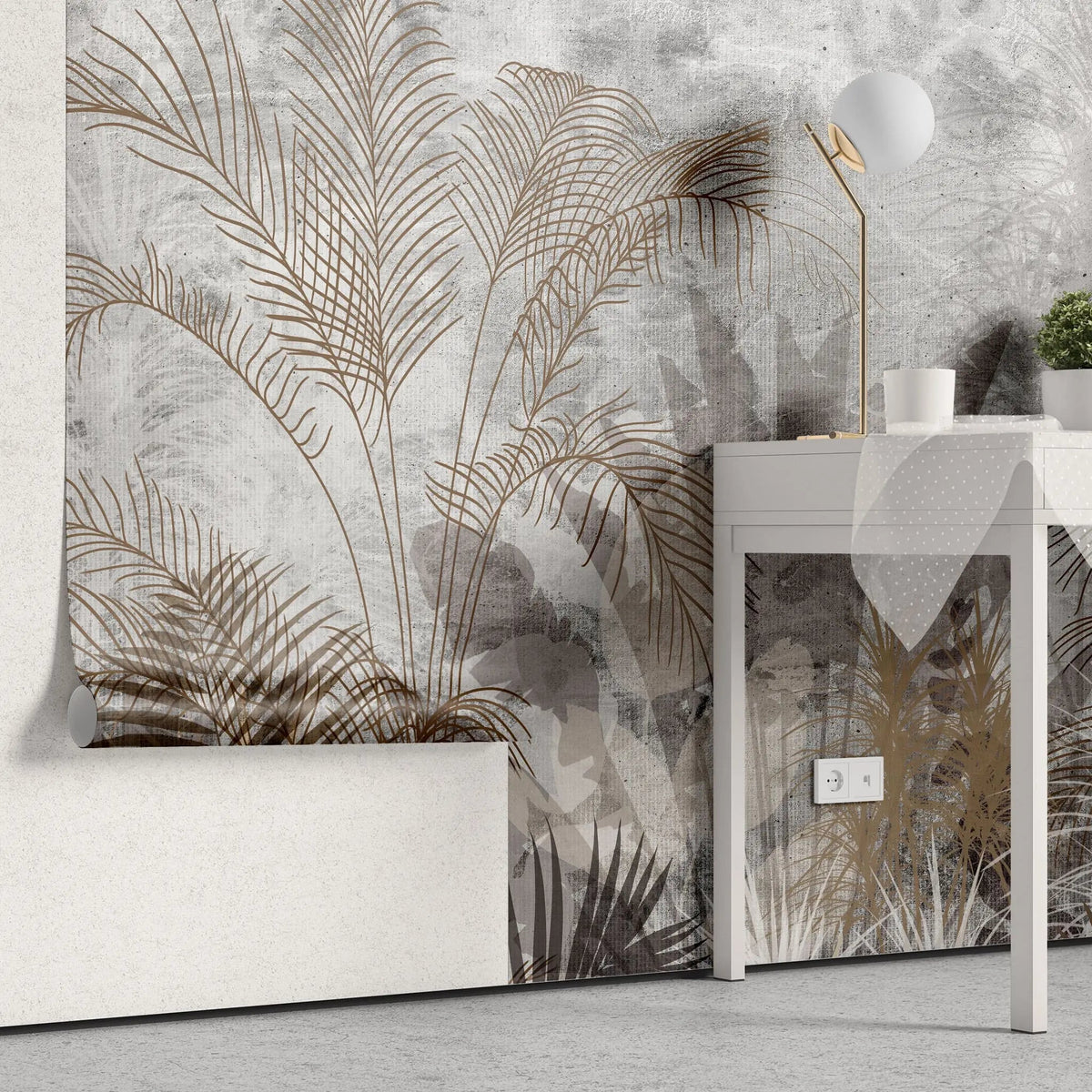 Tapet personalizat leaf cu frunze de palmieri in culori aramii brassy palms