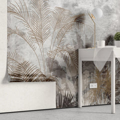 Tapet personalizat leaf cu frunze de palmieri in culori aramii brassy palms