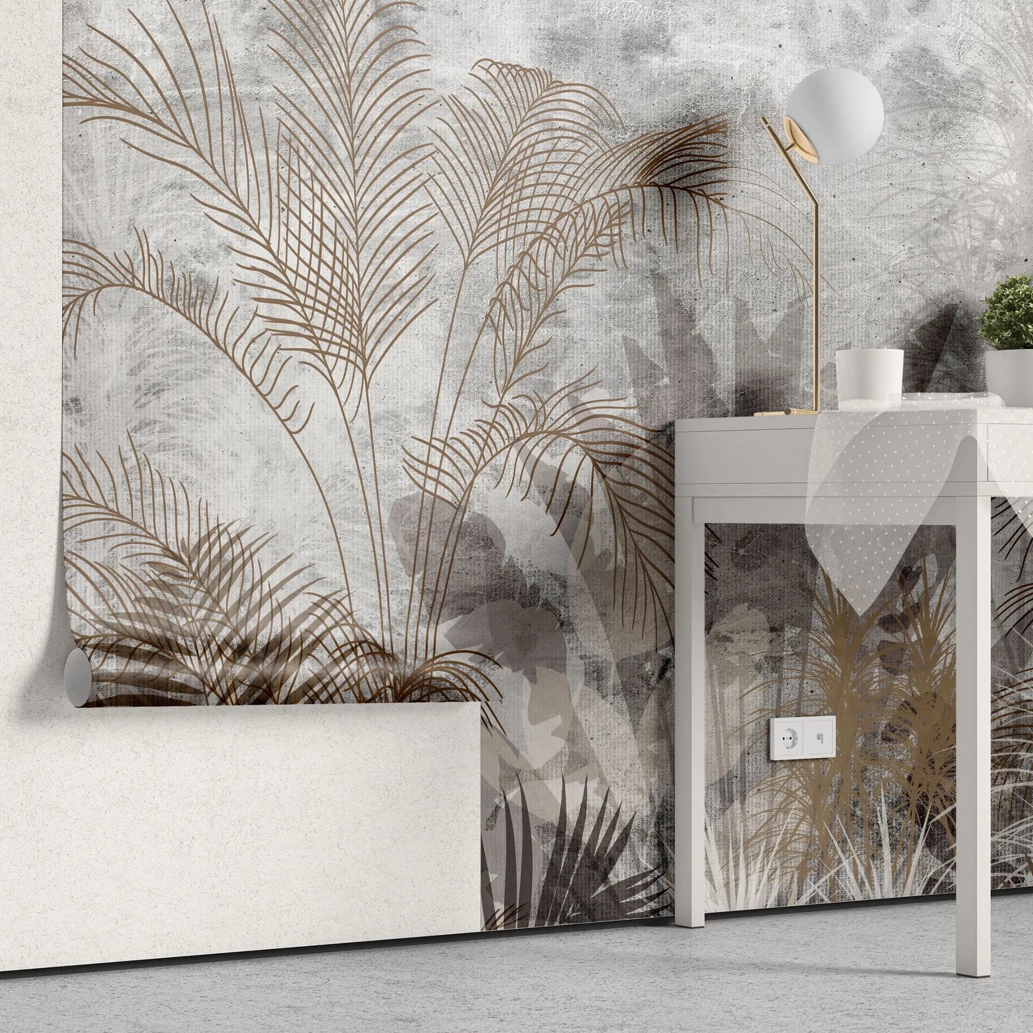 Tapet personalizat leaf cu frunze de palmieri in culori aramii brassy palms