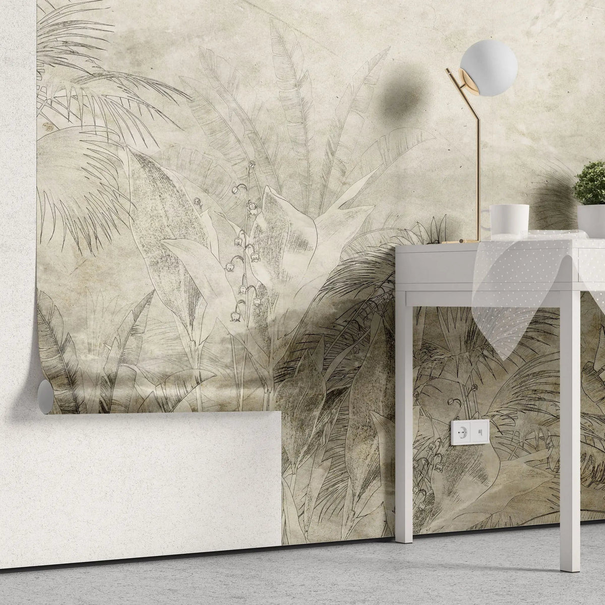 Tapet personalizat leaf cu frunze tropicale schitate pe un fundal vintage sketchy jungle