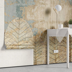 Tapet personalizat leaf cu frunze subtiri aurii pe un fundal vintage thin leaves