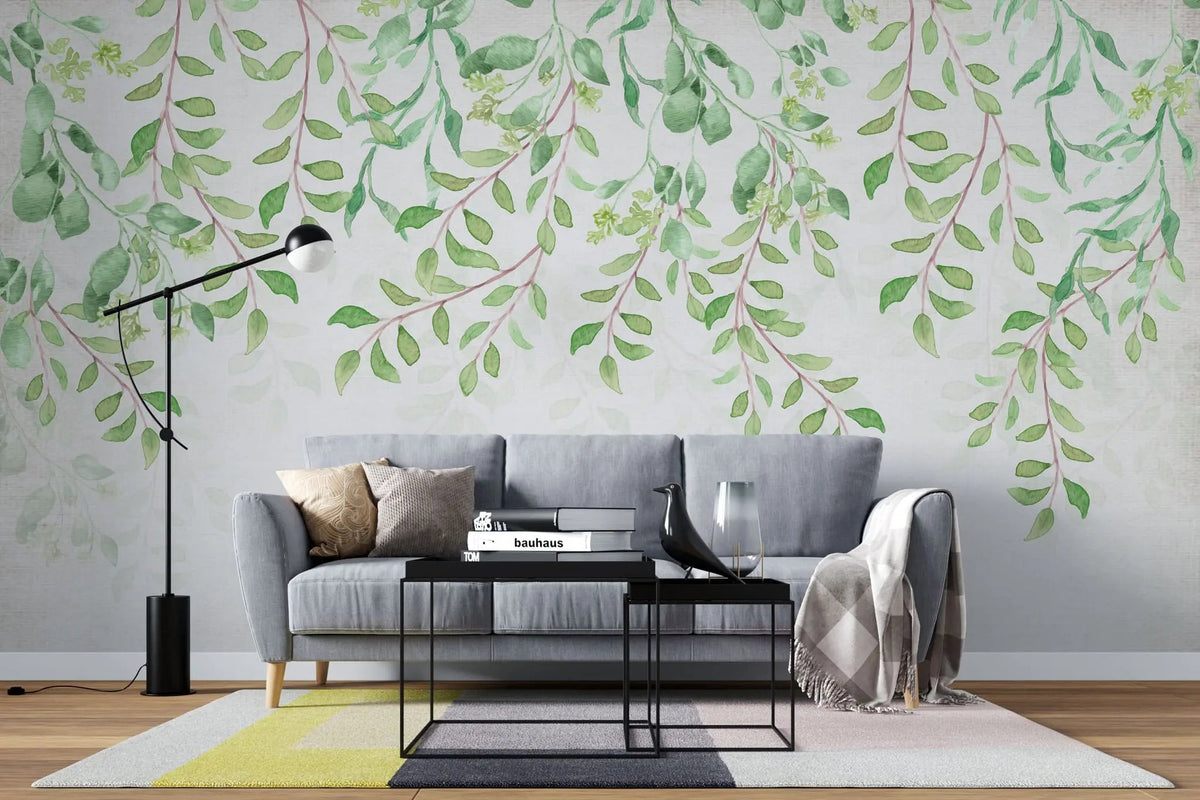 Tapet personalizat leaf cu frunze verzi in stil watercolor pe fundal alb baby leaves