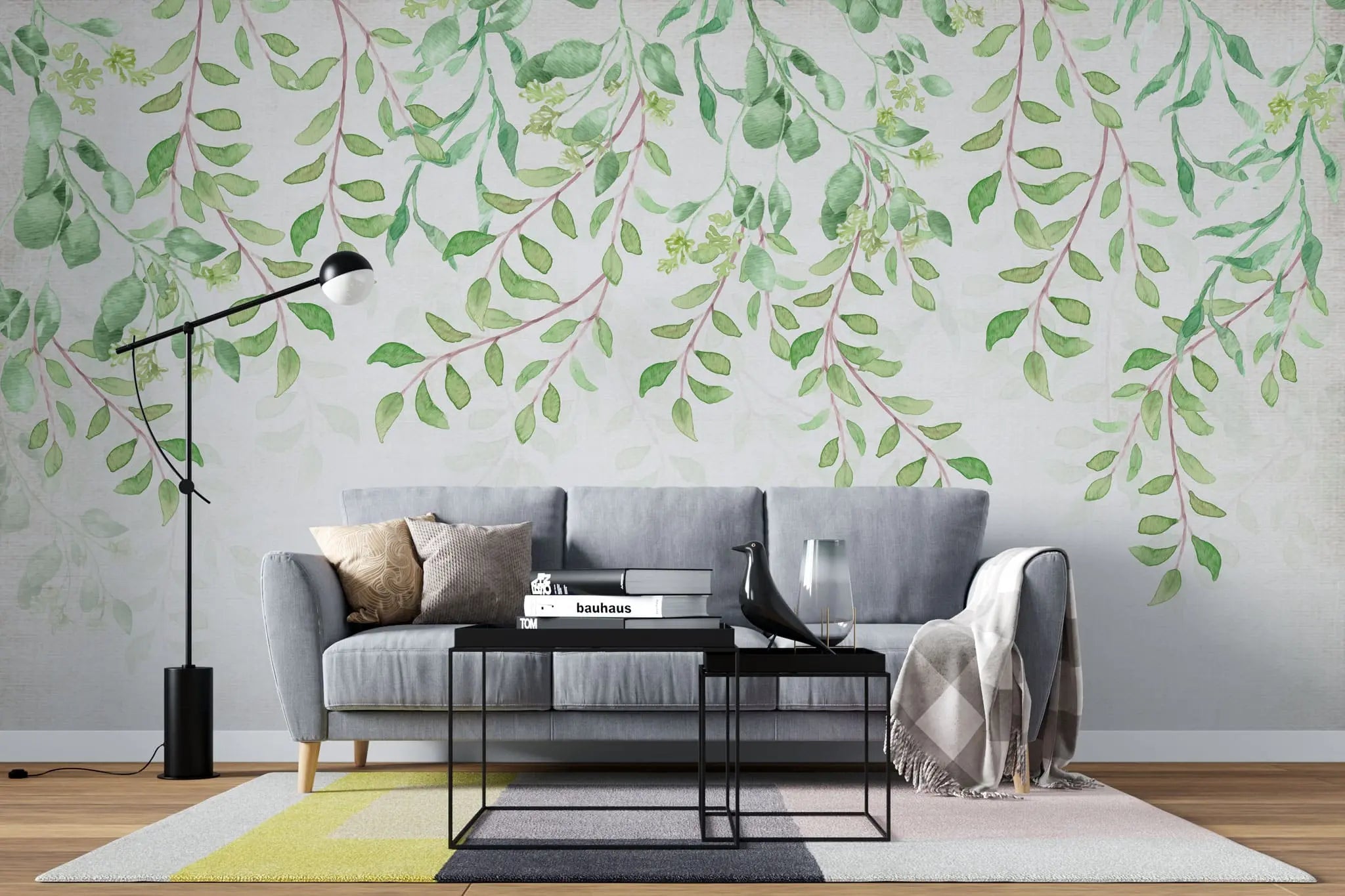Tapet personalizat leaf cu frunze verzi in stil watercolor pe fundal alb baby leaves