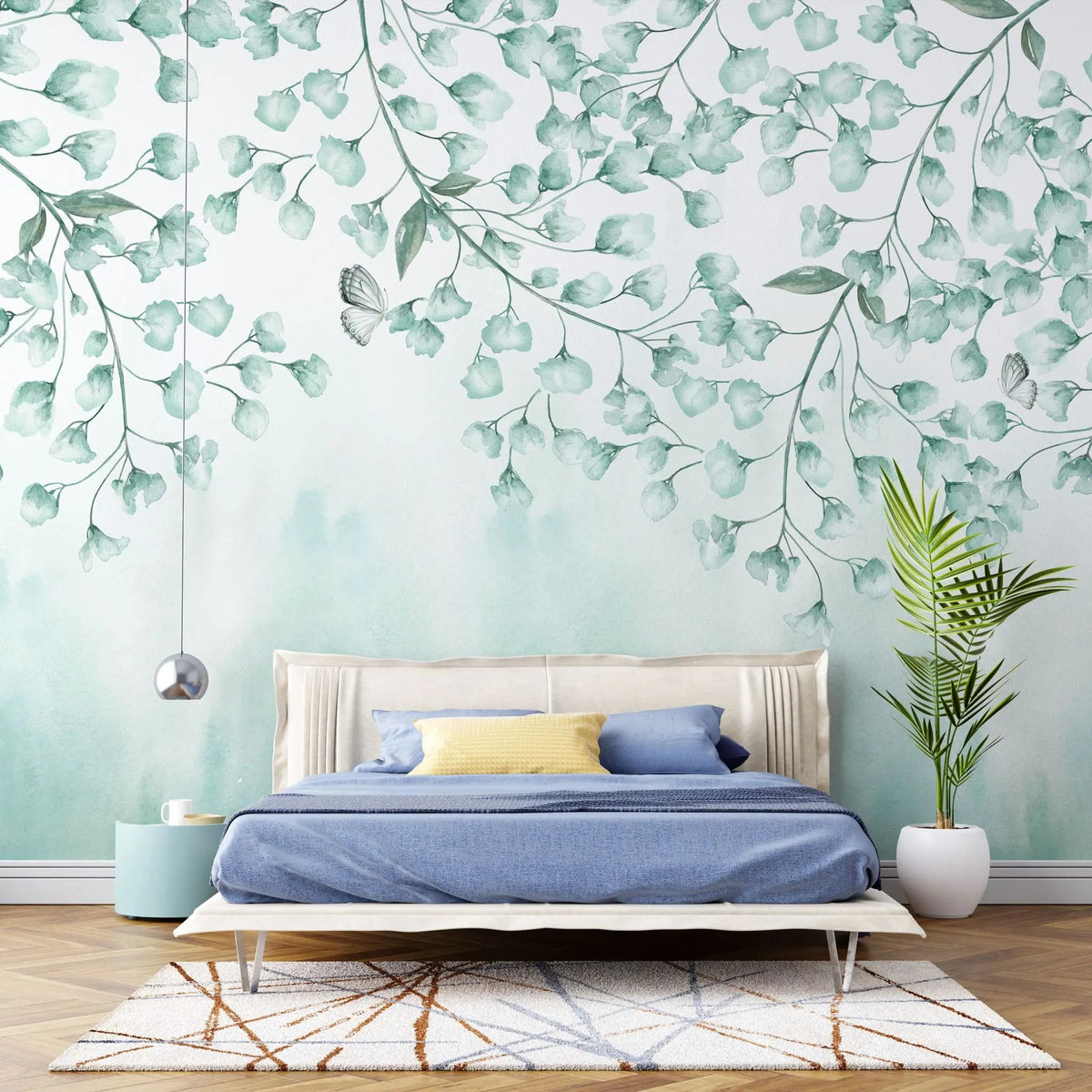Tapet personalizat leaf cu frunze si fluturi verzi albastrui teal leaves&butterflies