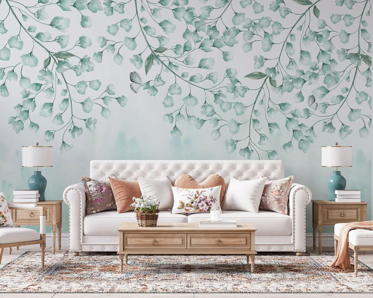 Tapet personalizat leaf cu frunze si fluturi verzi albastrui teal leaves&butterflies