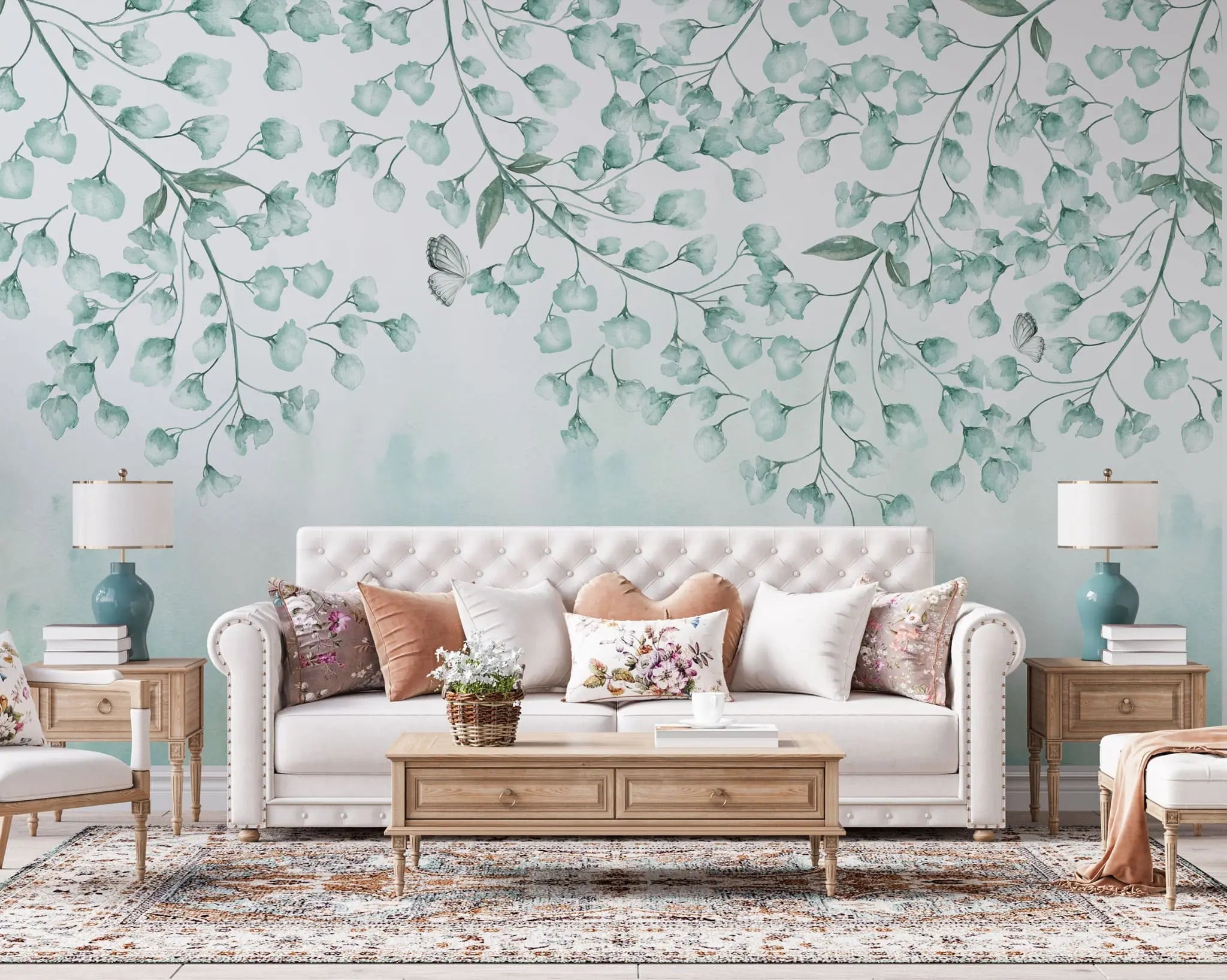 Tapet personalizat leaf cu frunze si fluturi verzi albastrui teal leaves&butterflies