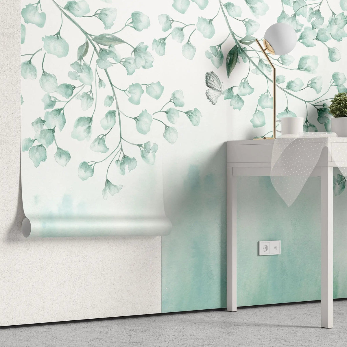 Tapet personalizat leaf cu frunze si fluturi verzi albastrui teal leaves&butterflies