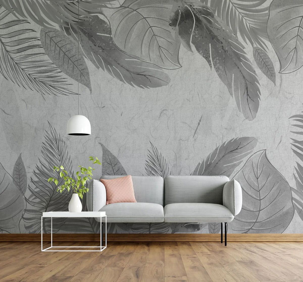 Tapet personalizat leaf cu frunze tropicale in nuante de gri grey leaves