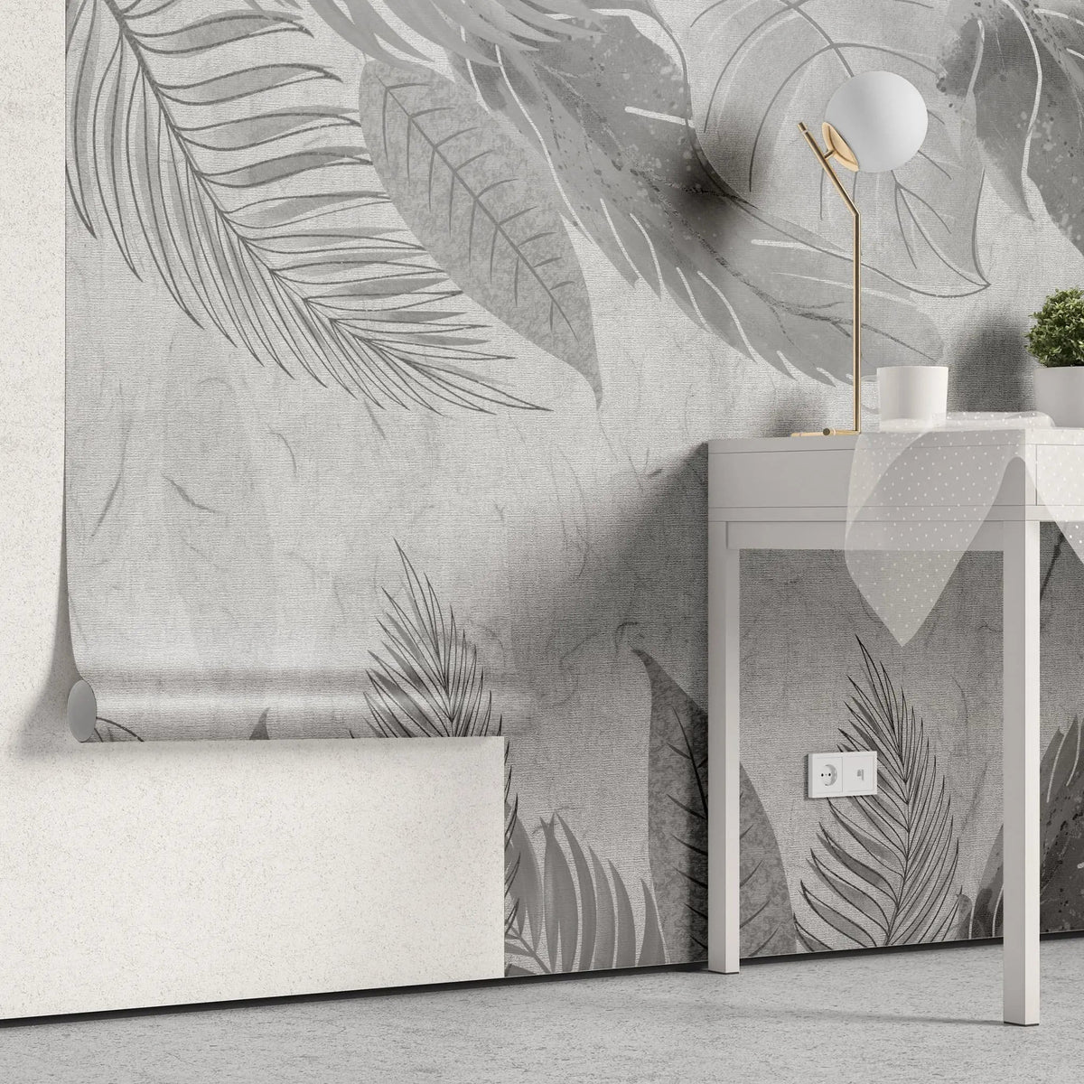 Tapet personalizat leaf cu frunze tropicale in nuante de gri grey leaves