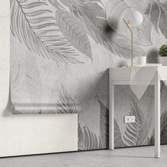 Tapet personalizat leaf cu frunze tropicale in nuante de gri grey leaves