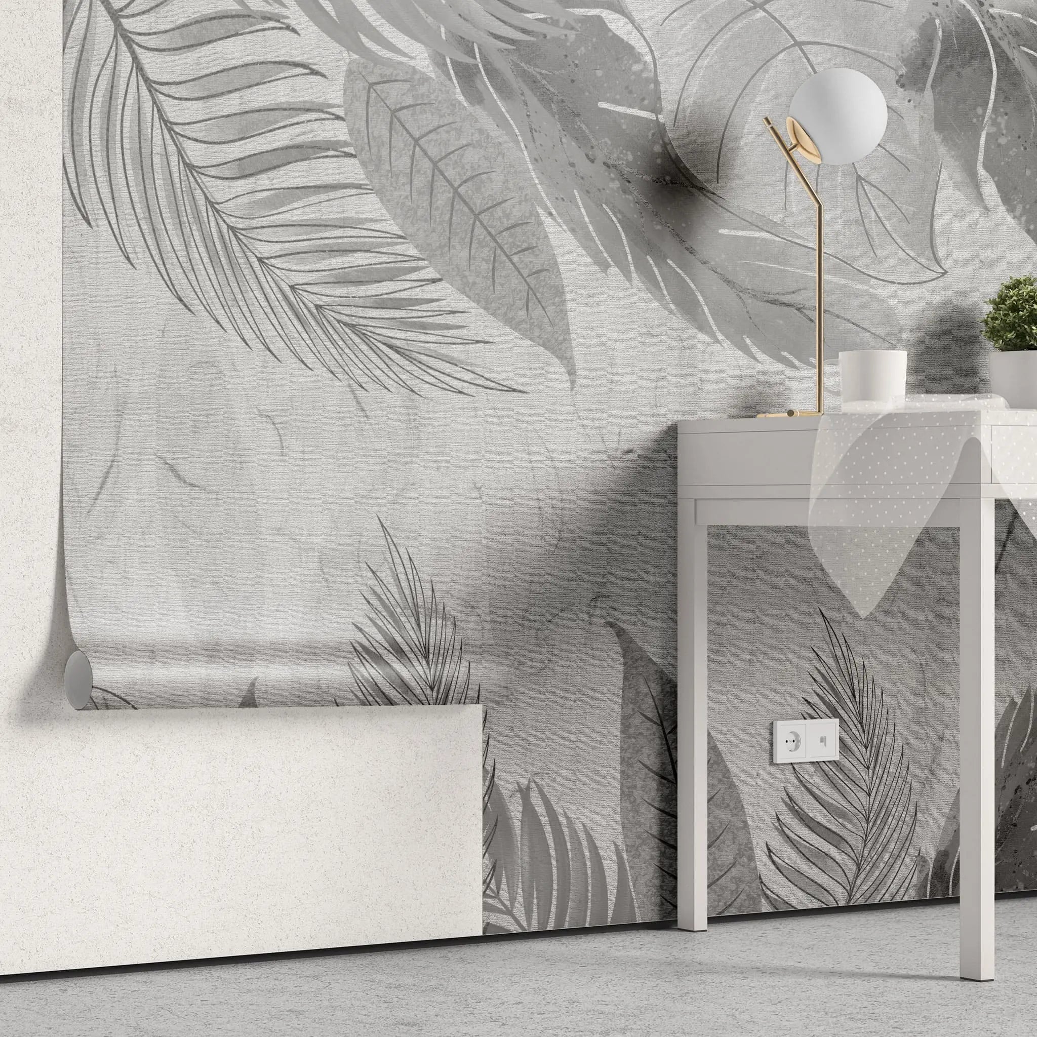 Tapet personalizat leaf cu frunze tropicale in nuante de gri grey leaves