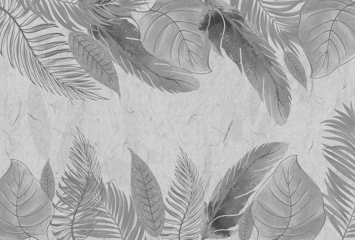 Tapet personalizat leaf cu frunze tropicale in nuante de gri grey leaves