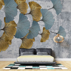 Tapet personalizat leaf cu frunze de ginko biloba in nuante de albastru si auriu golden blue ginko