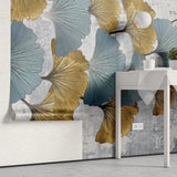Tapet personalizat leaf cu frunze de ginko biloba in nuante de albastru si auriu golden blue ginko