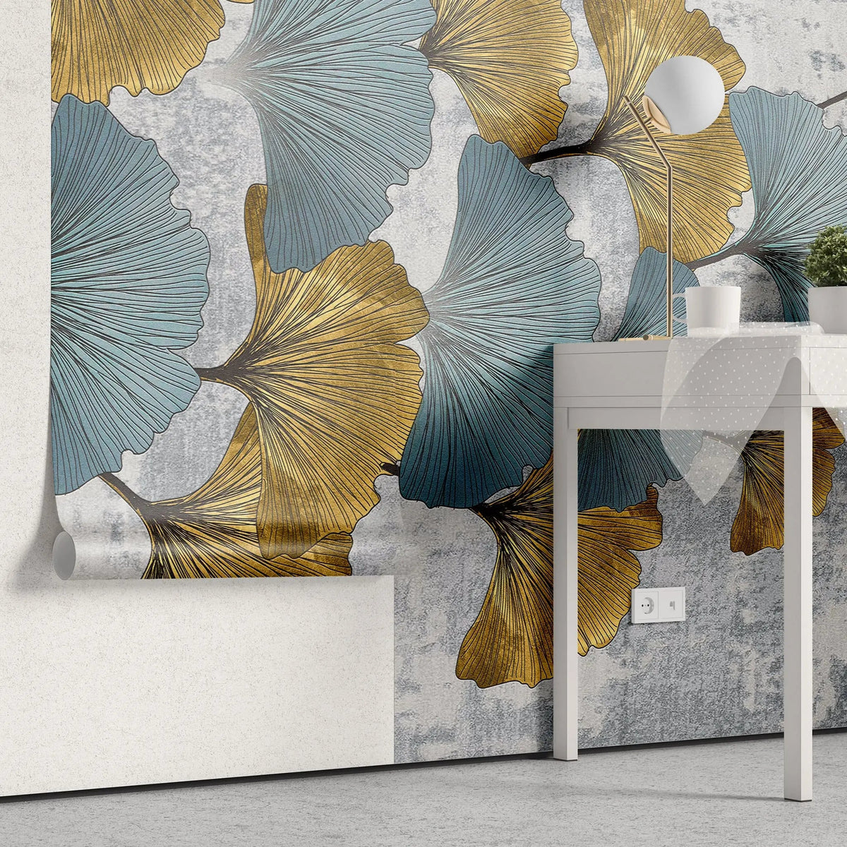 Tapet personalizat leaf cu frunze de ginko biloba in nuante de albastru si auriu golden blue ginko