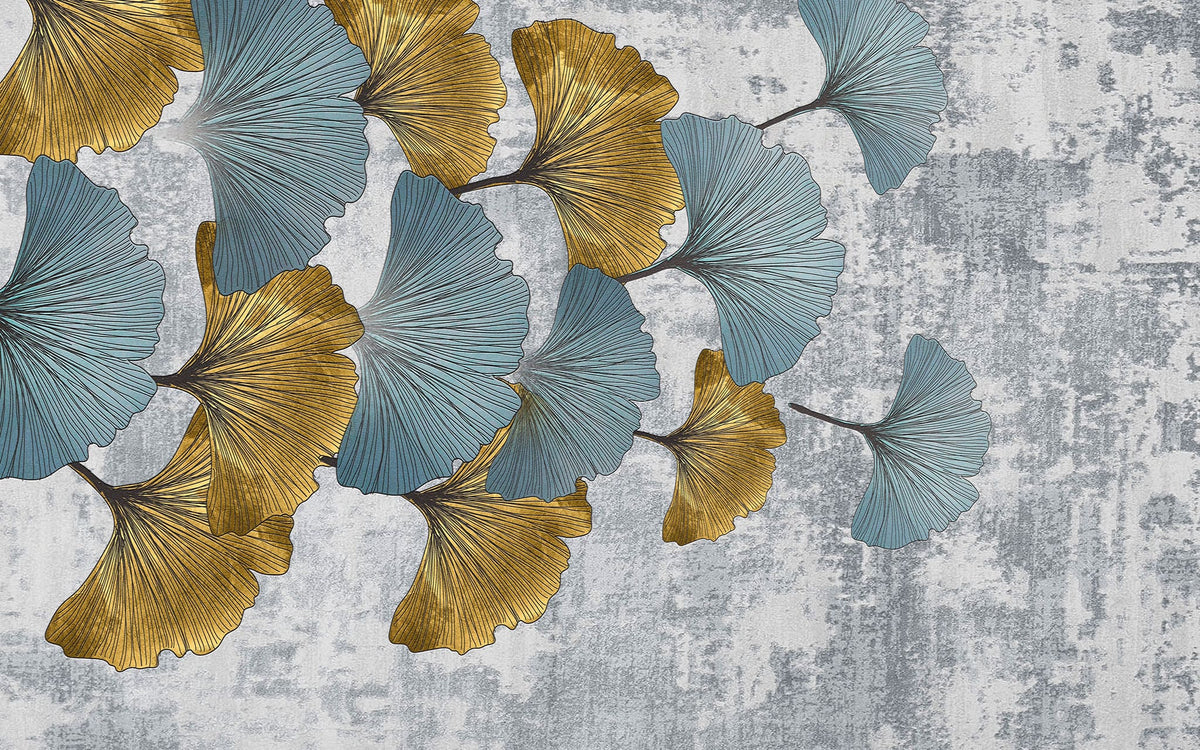 Tapet personalizat leaf cu frunze de ginko biloba in nuante de albastru si auriu golden blue ginko