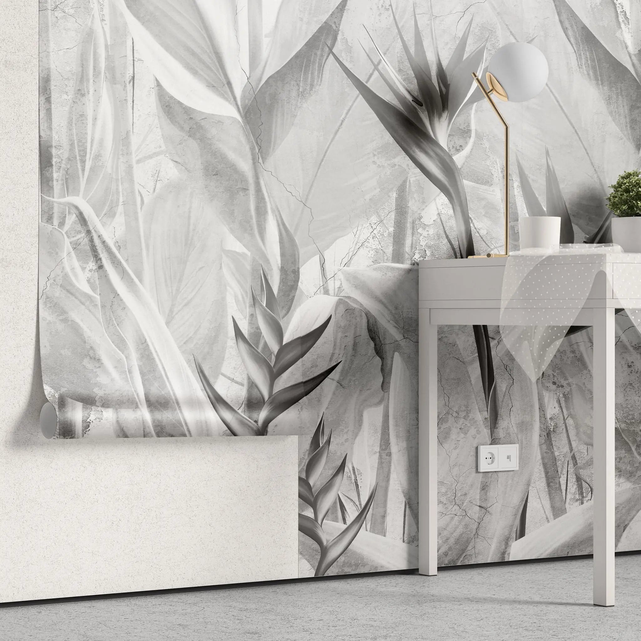 Tapet personalizat leaf cu planta paradisului in nuante de gri grey bird's paradise