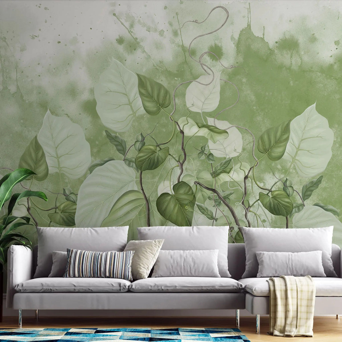 Tapet personalizat leaf cu frunze de philondendron rugosum pe fundal verde in stil watercolor green philodendron rugosum