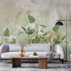 Tapet personalizat leaf cu frunze de philondendron rugosum pe fundal texturat in dungi textured rugosum