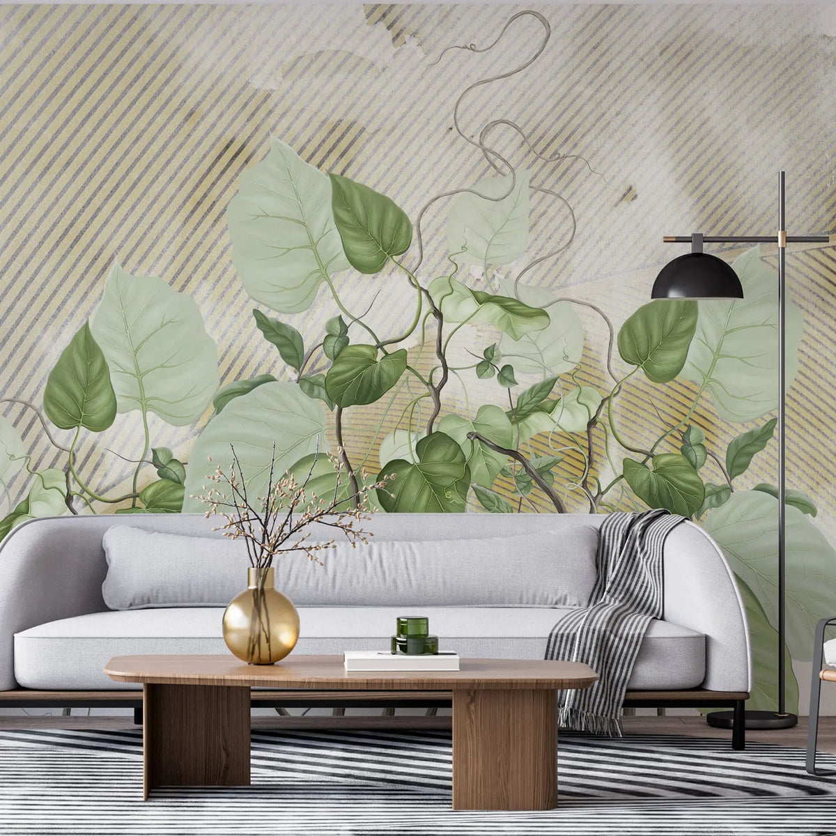 Tapet personalizat leaf cu frunze de philondendron rugosum pe fundal texturat in dungi textured rugosum