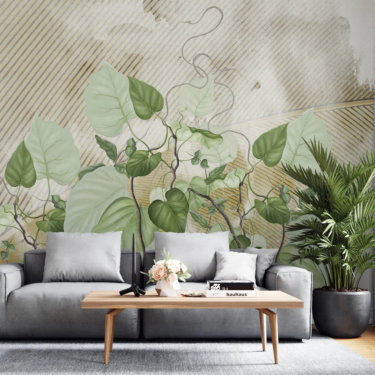 Tapet personalizat leaf cu frunze de philondendron rugosum pe fundal texturat in dungi textured rugosum