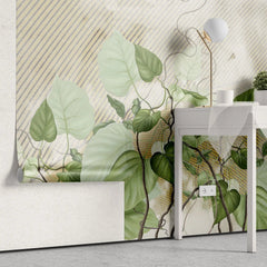 Tapet personalizat leaf cu frunze de philondendron rugosum pe fundal texturat in dungi textured rugosum