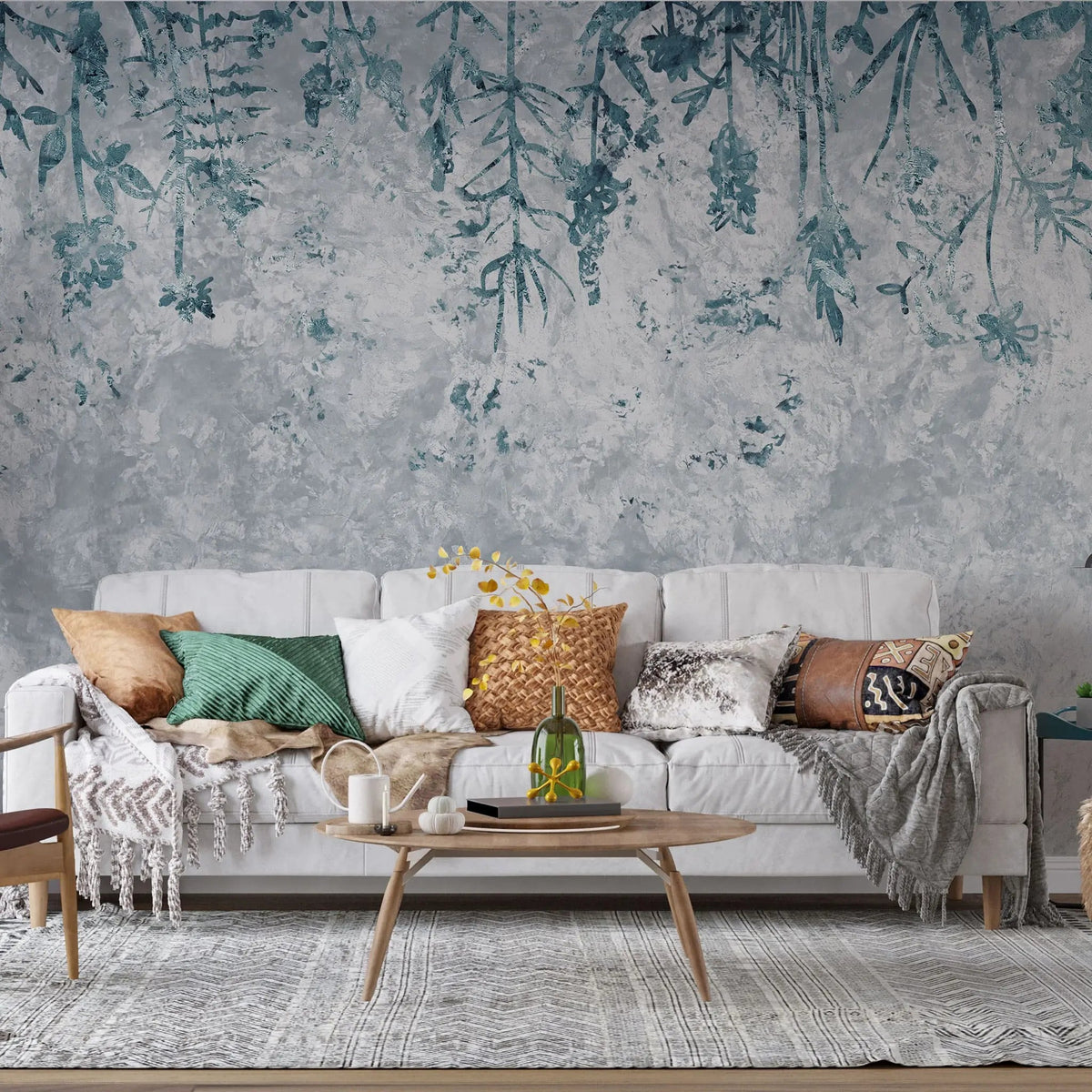 Tapet personalizat leaf cu frunze albastre pe un fundal de beton concrete wild blue