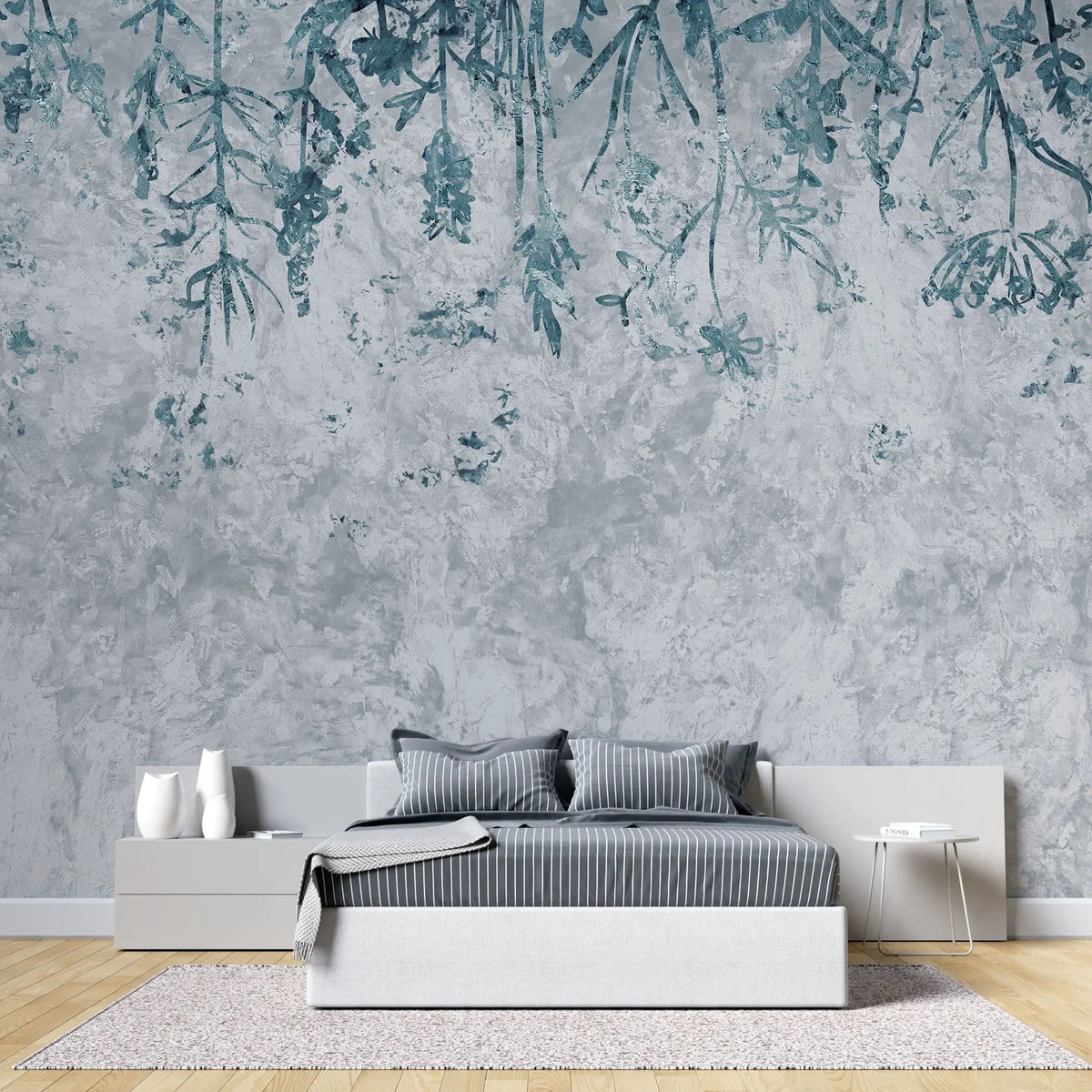 Tapet personalizat leaf cu frunze albastre pe un fundal de beton concrete wild blue