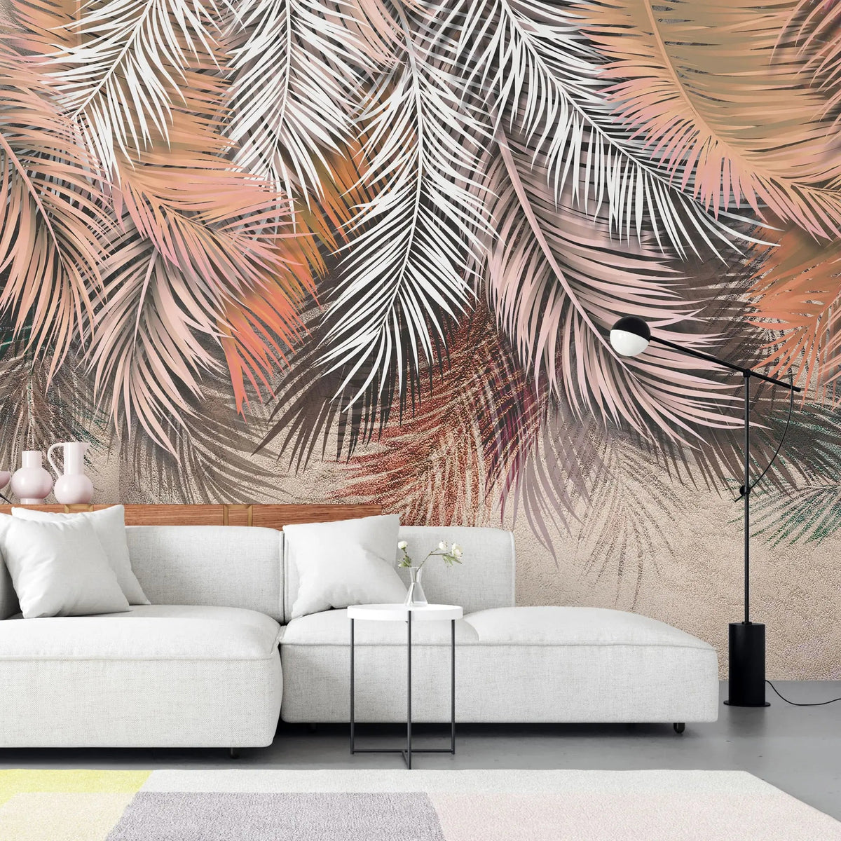 Tapet personalizat leaf cu frunze de palmier in nuante rose si alb rose palm leaves
