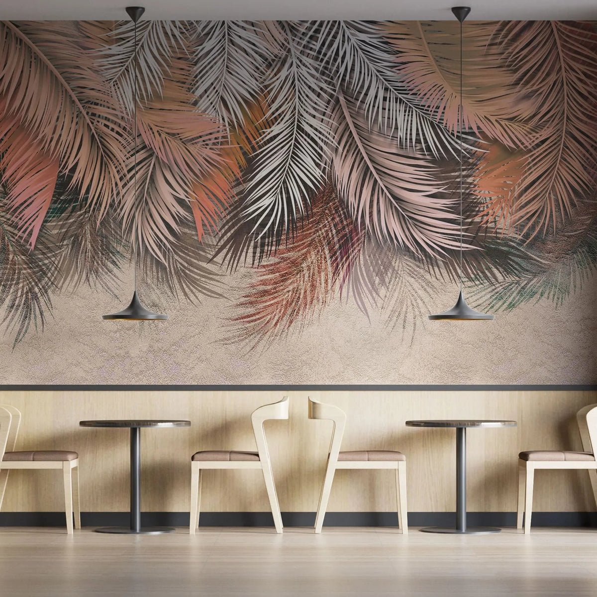 Tapet personalizat leaf cu frunze de palmier in nuante rose si alb rose palm leaves
