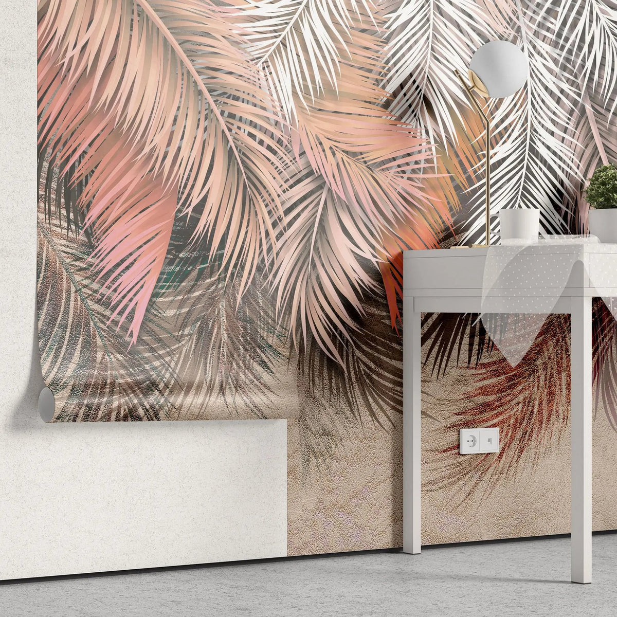 Tapet personalizat leaf cu frunze de palmier in nuante rose si alb rose palm leaves