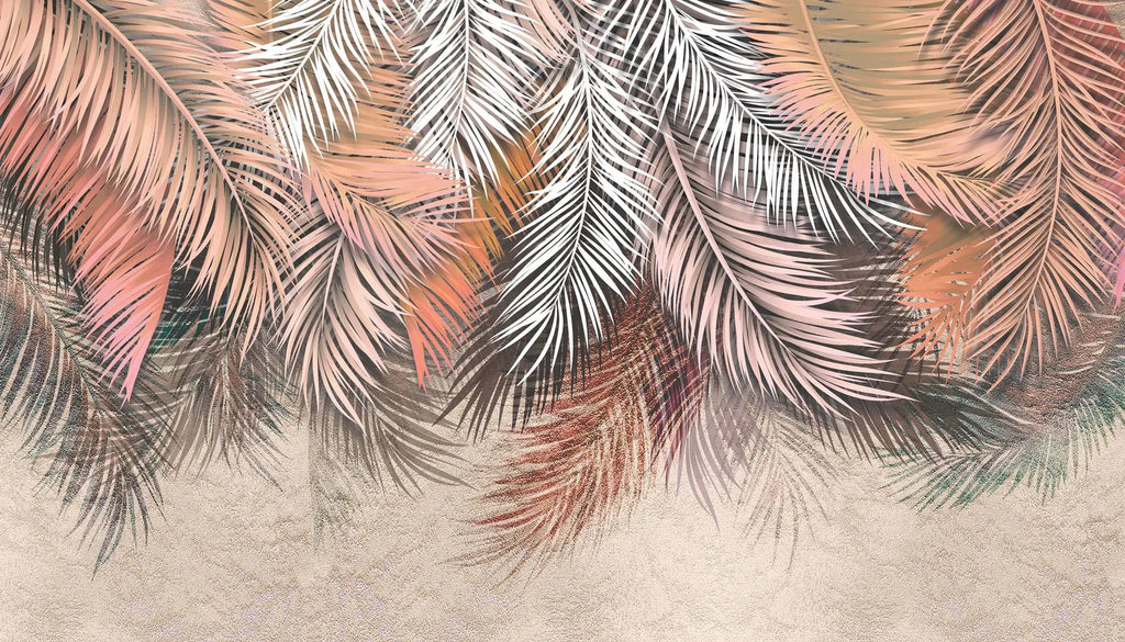 Tapet personalizat leaf cu frunze de palmier in nuante rose si alb rose palm leaves