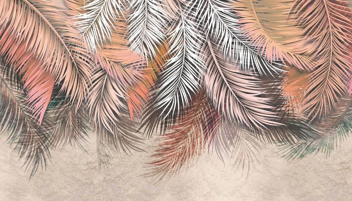 Tapet personalizat leaf cu frunze de palmier in nuante rose si alb rose palm leaves