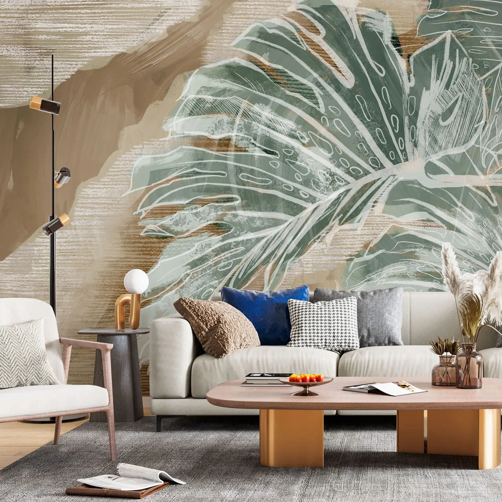 Tapet personalizat leaf cu frunze pictate de monstera cider monstera