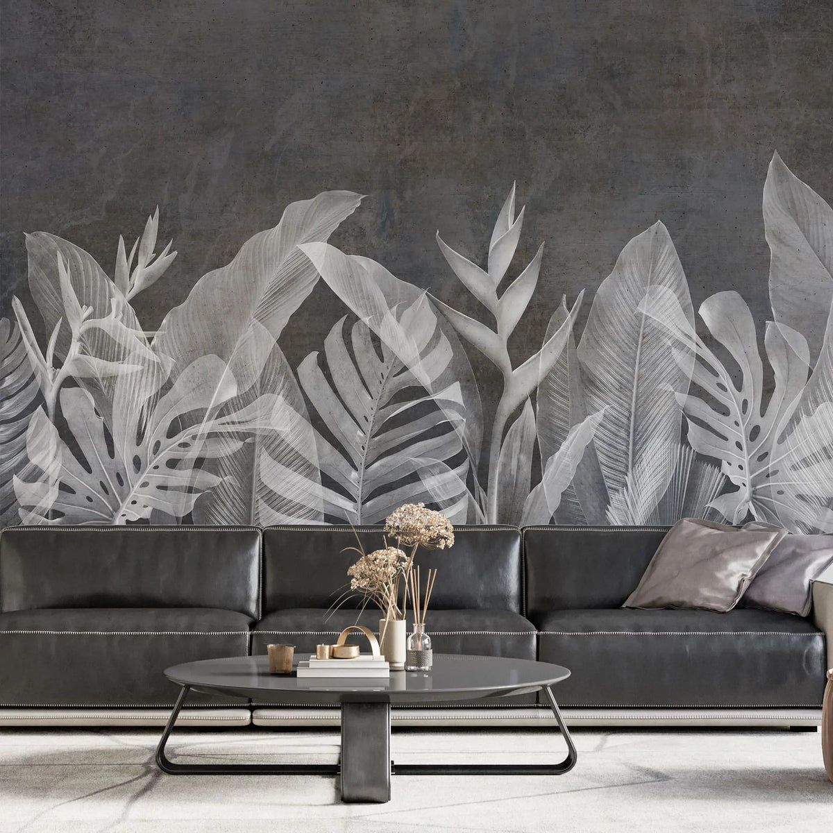 Tapet personalizat leaf cu frunze tropicale in alb negru x ray