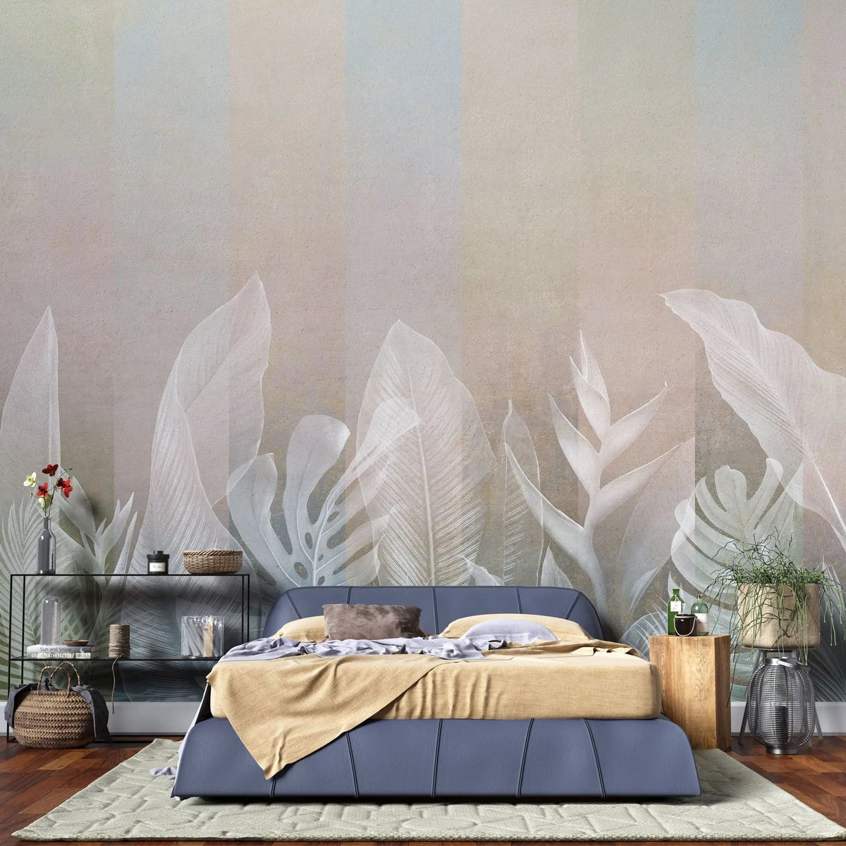 Tapet personalizat leaf cu frunze tropicale albe pe fundal bej deschis white leaves