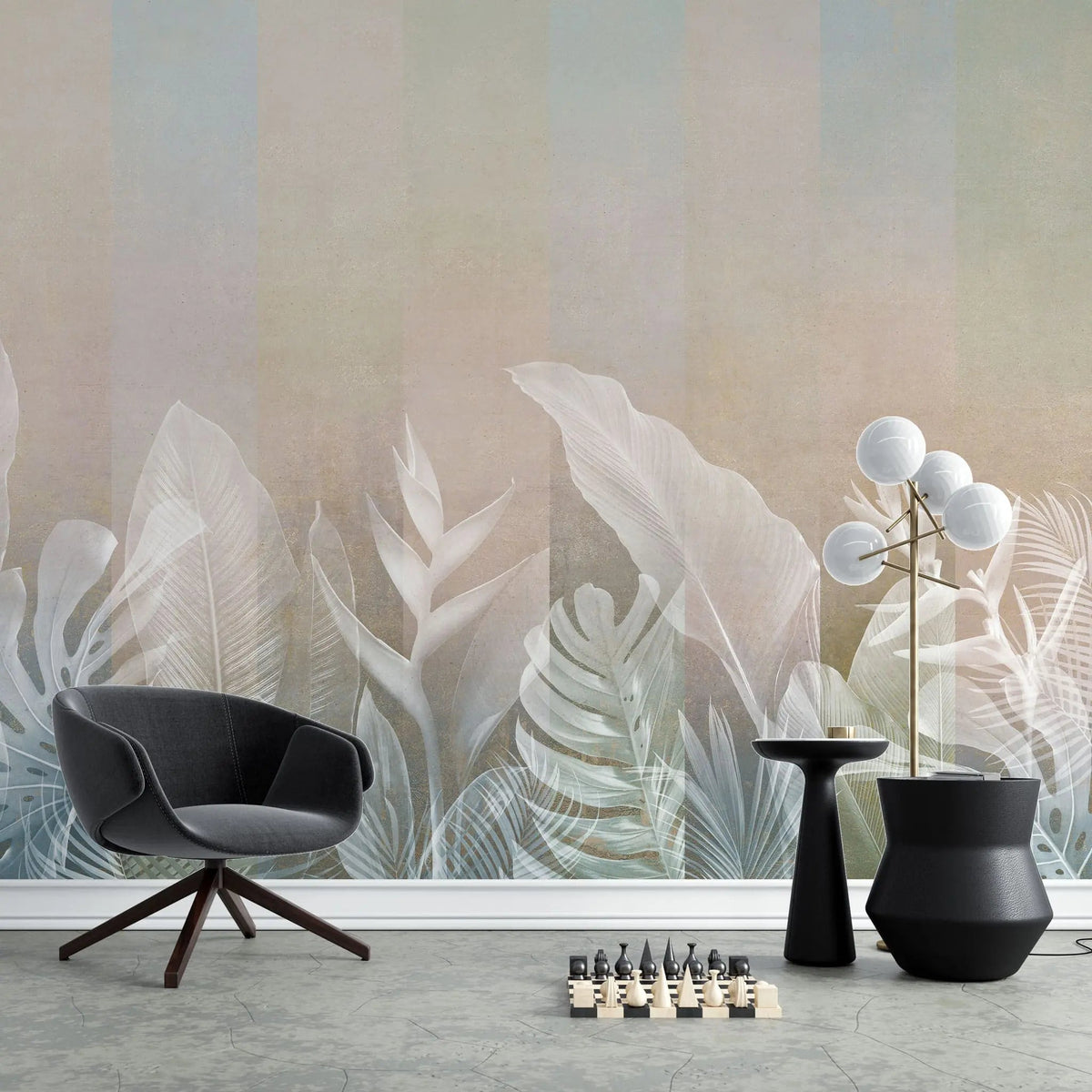 Tapet personalizat leaf cu frunze tropicale albe pe fundal bej deschis white leaves