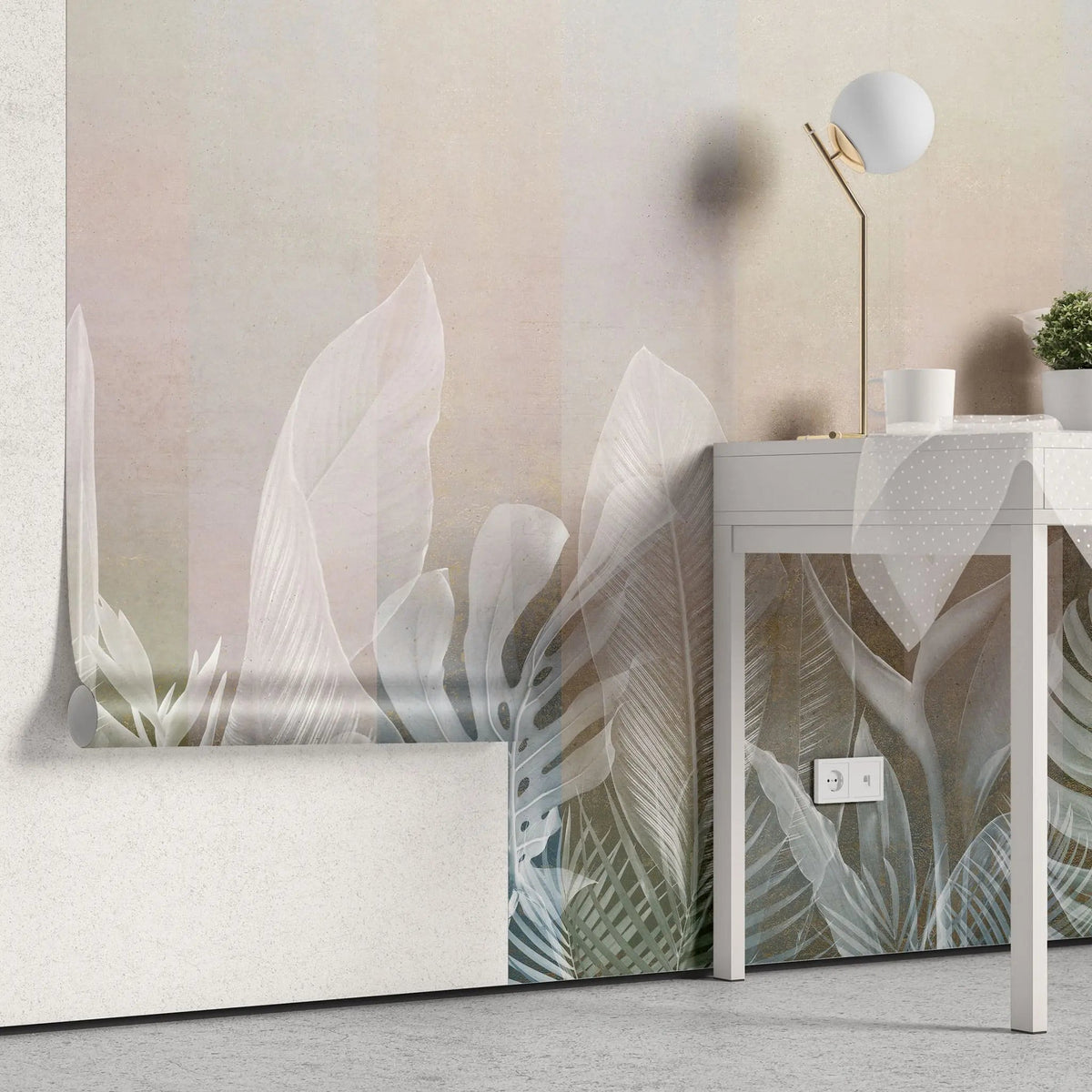 Tapet personalizat leaf cu frunze tropicale albe pe fundal bej deschis white leaves